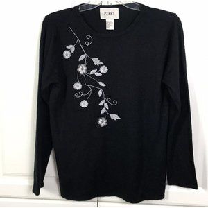 VTG Jenny Size S Black Gray Sweater Beaded Floral Embroidered Soft Pullover